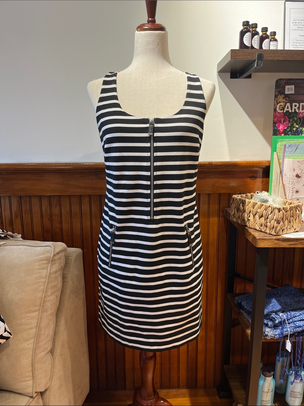 Michael Kors Black and White Striped Zip-Front Tank Midi Dress